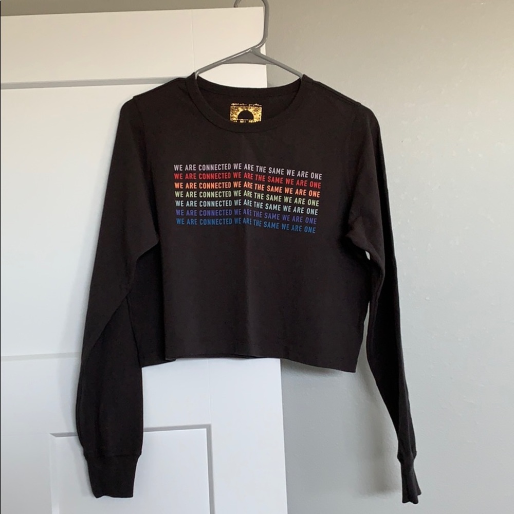 Spiritual Gangster Black Long Sleeve Cropped Tee with Rainbow Text